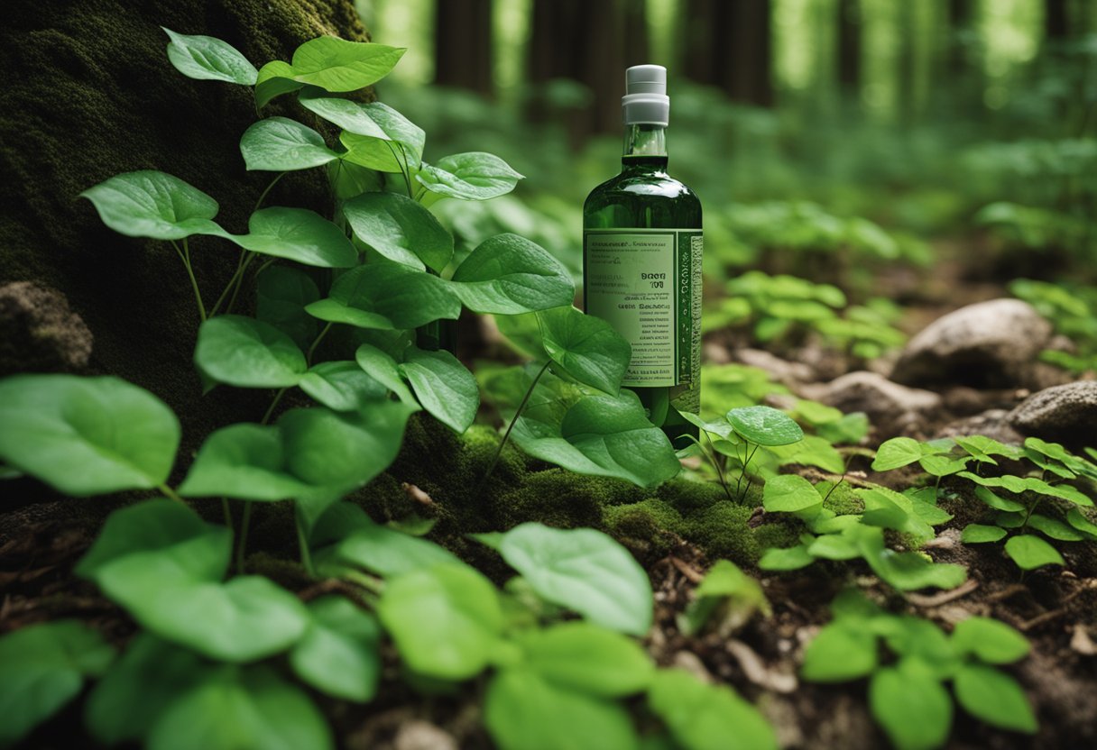 Lush green forest floor with vibrant poison ivy plants intermingled with other foliage. A clear warning sign is posted nearby, and a bottle of natural remedy sits on a rock