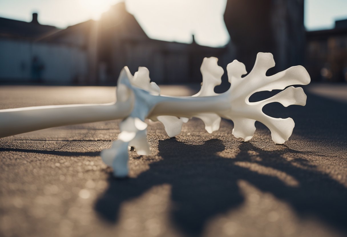 A broken bone lies next to a fragile-looking structure. Nearby, a person struggles to stand up straight. A shadow looms over, symbolizing the weight of osteoporosis