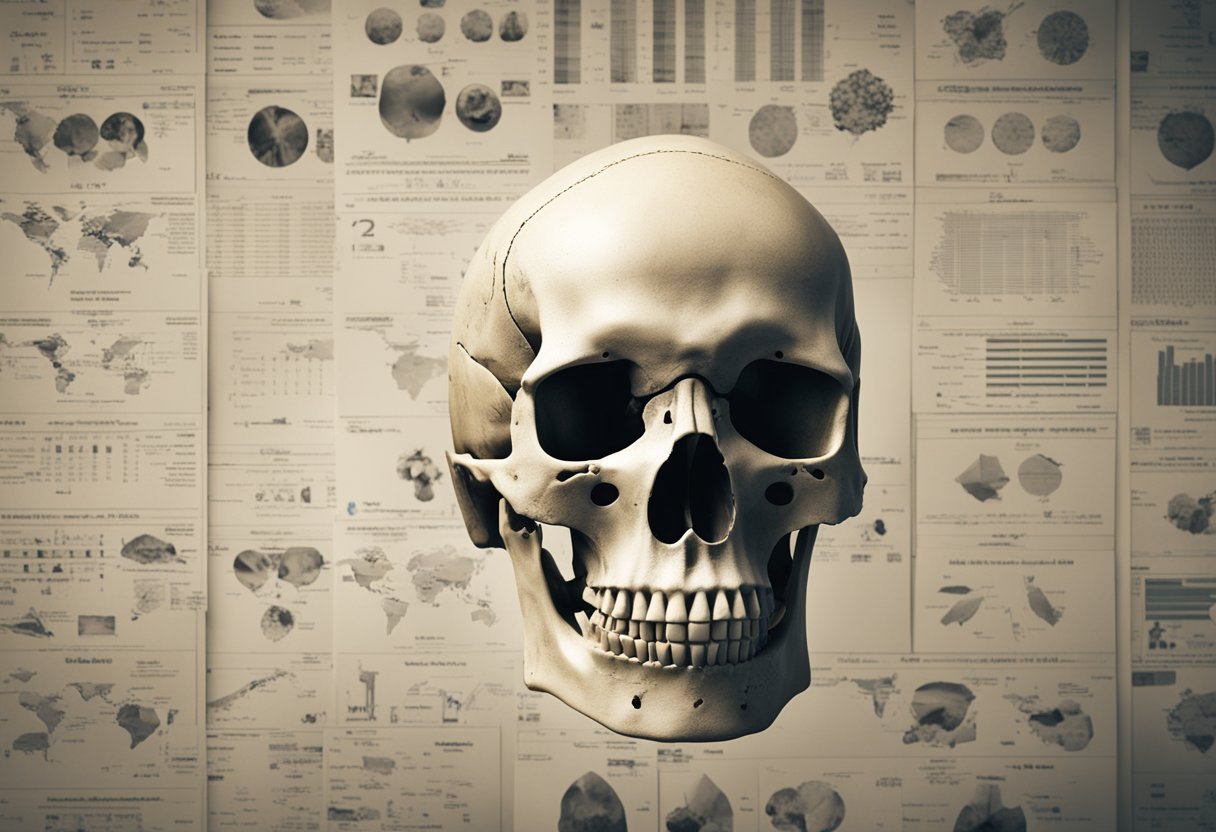 A collection of bones with visible signs of deterioration, including fractures and thinning, surrounded by medical charts and X-rays