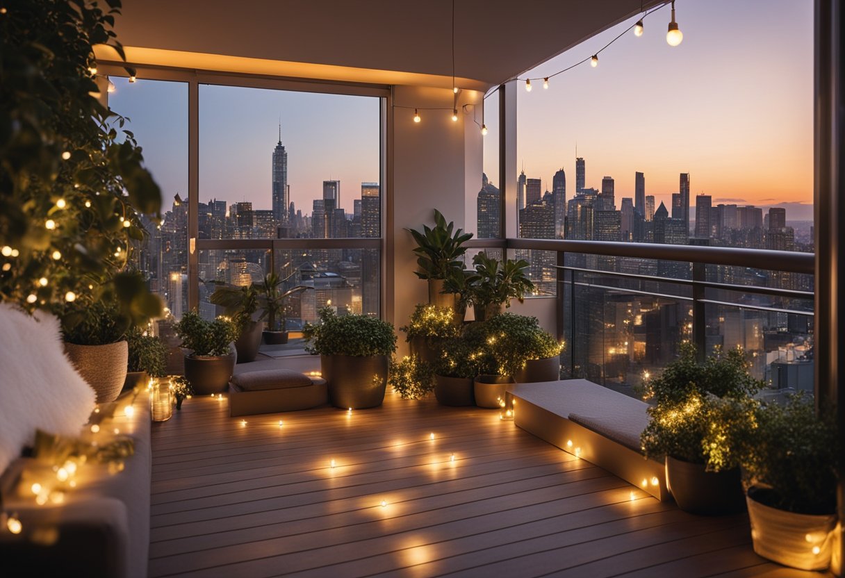 A spacious balcony with potted plants, cozy seating, and a view of the city skyline. A string of fairy lights adds a warm, inviting ambiance to the space