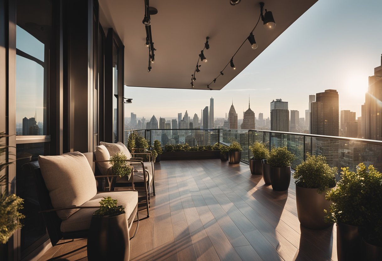 A long balcony with potted plants, cozy seating, and a small dining area overlooking a city skyline. Glass railings allow for unobstructed views, while string lights add ambiance