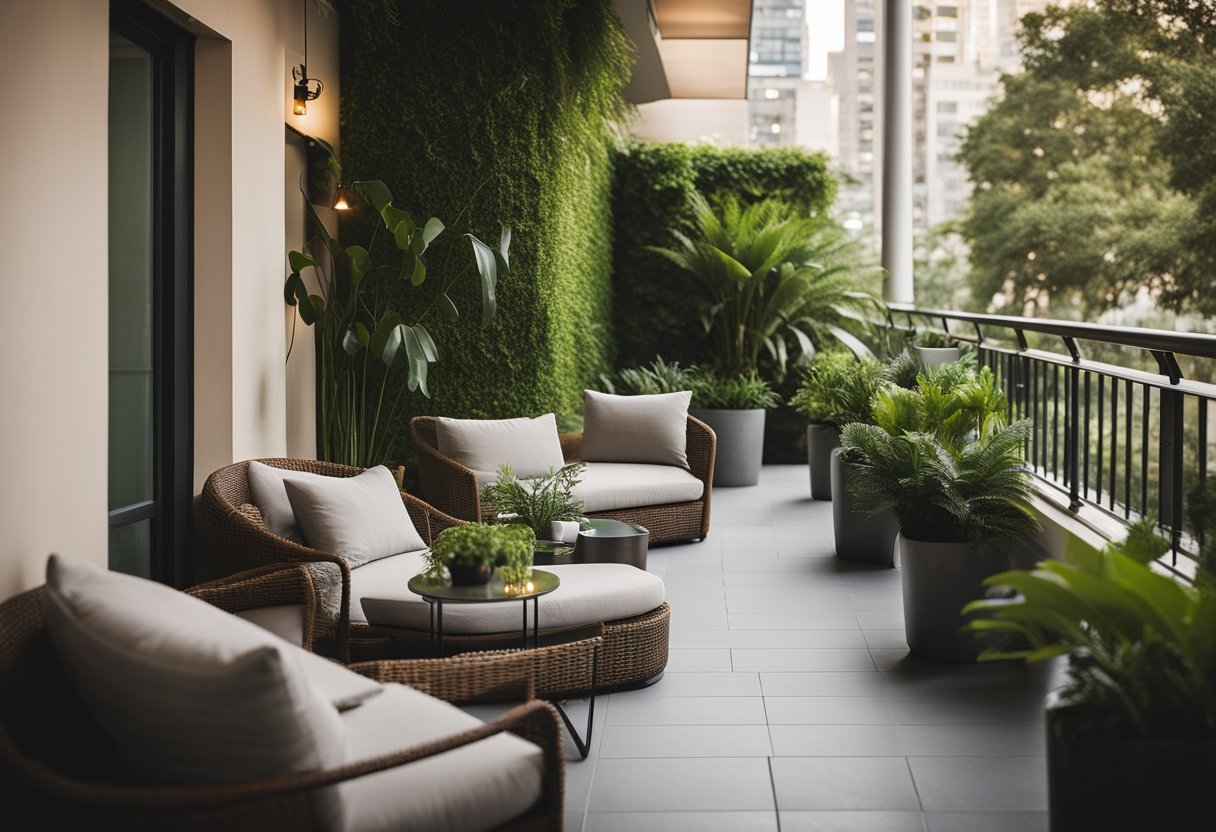 A long balcony with lush green plants, comfortable seating, and ambient lighting, creating a serene urban oasis