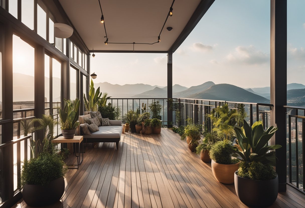 A long balcony with various design ideas: potted plants, cozy seating, string lights, and a panoramic view