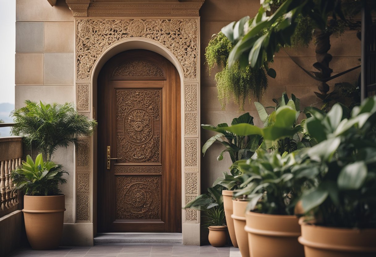 A wooden door with intricate carvings stands on a balcony, surrounded by potted plants and overlooking a scenic view