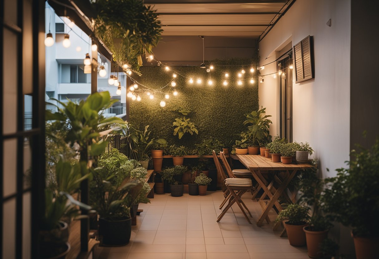 A cozy hdb small balcony with potted plants, a bistro set, and hanging string lights