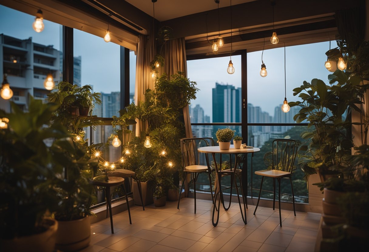 A cozy HDB balcony oasis with potted plants, a small table and chairs, and string lights creating a warm and inviting atmosphere