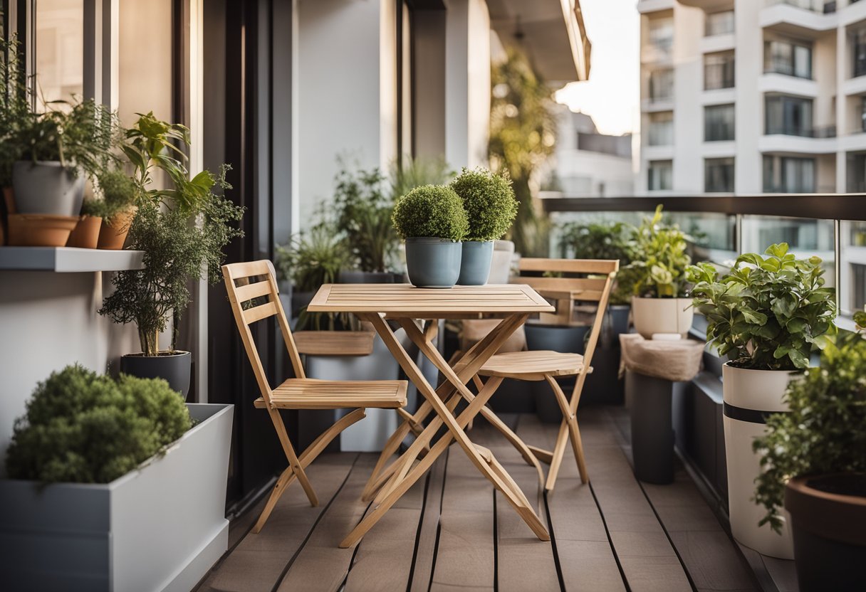 A small balcony with space-saving furniture, potted plants, and built-in storage solutions. The design emphasizes practicality and low maintenance