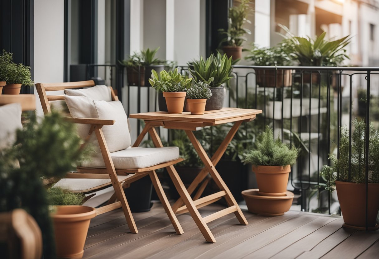 A small balcony with potted plants, cozy seating, and a foldable table. The space is well-organized and inviting for relaxation