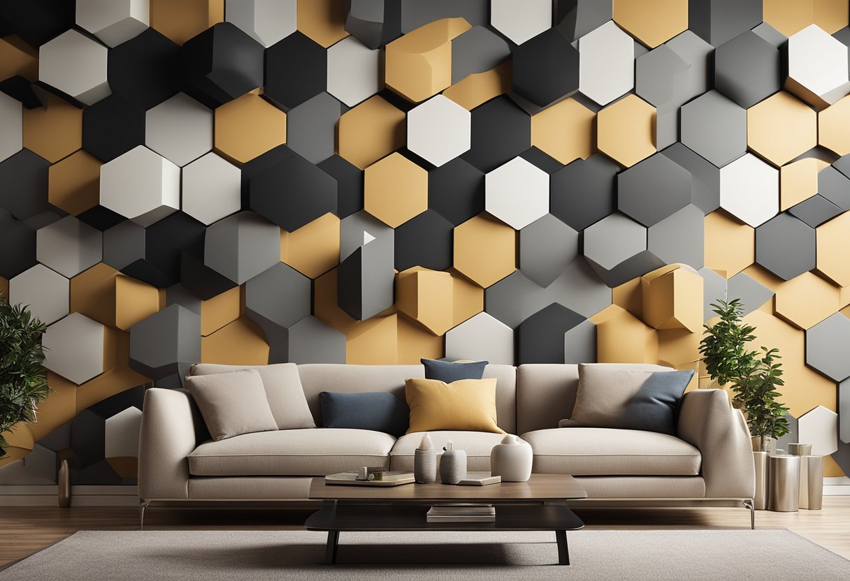 A living room with modern 3D wall designs, featuring geometric patterns and textured surfaces, creating a visually dynamic and inviting space