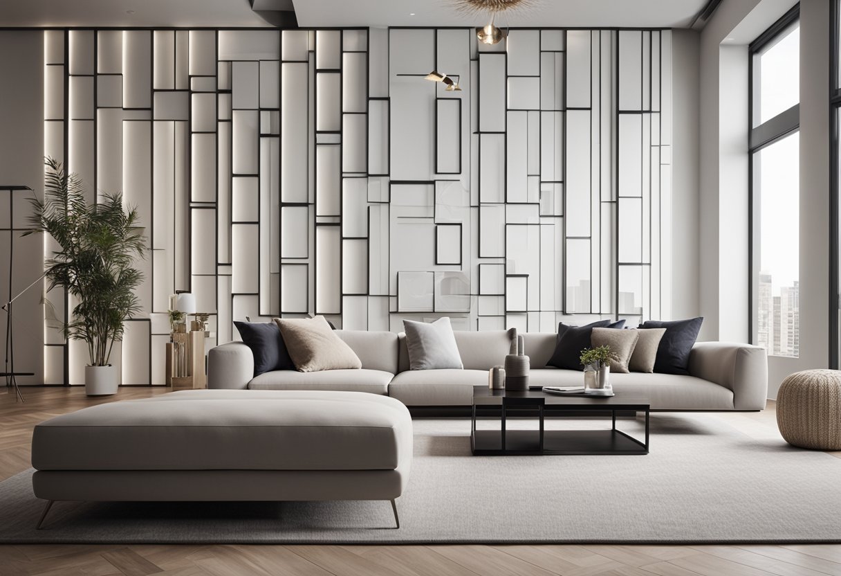 A spacious living room with a modern 3D wall installation. Clean lines, geometric patterns, and a neutral color palette create a sleek and contemporary atmosphere