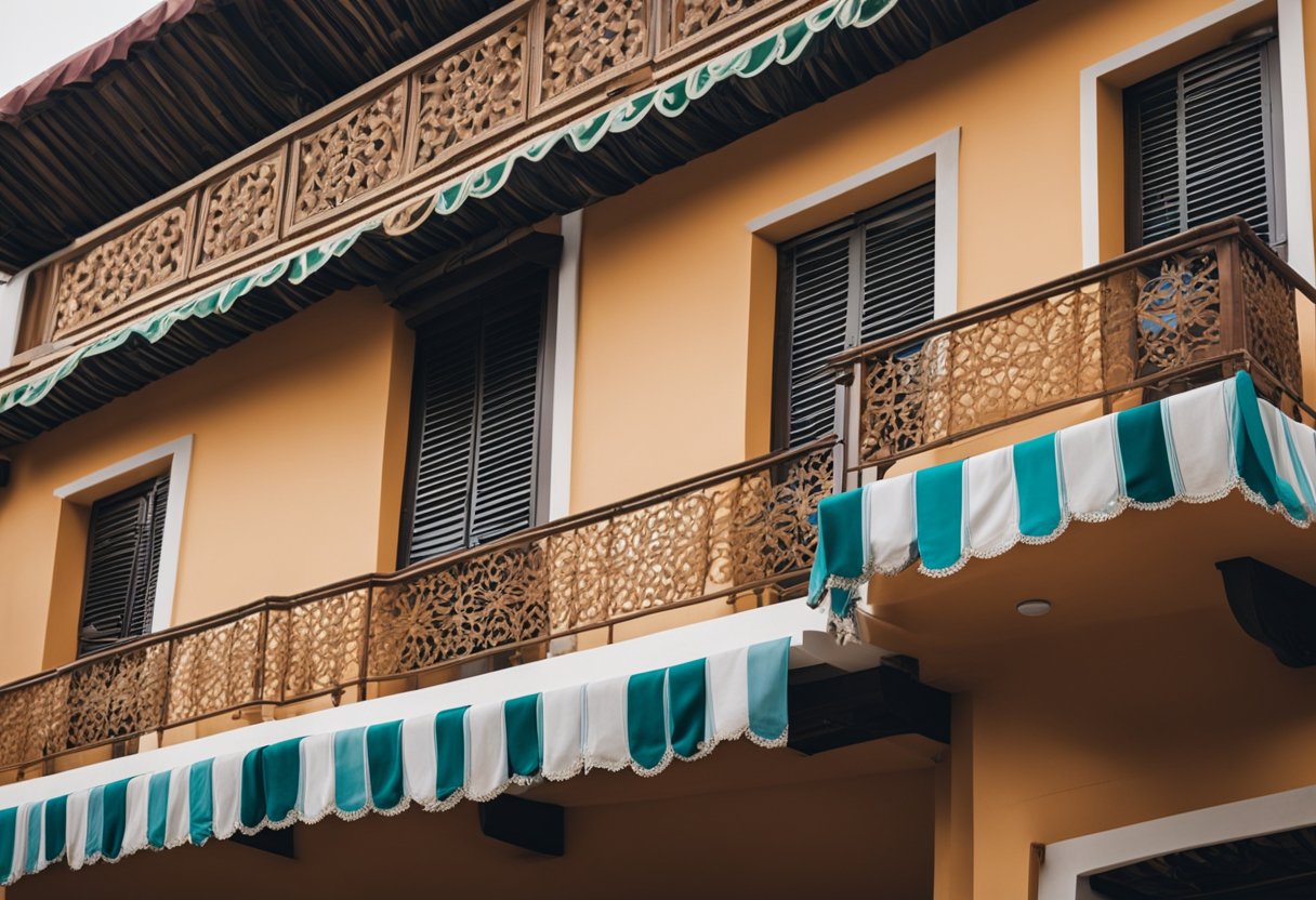 A colorful striped awning shades a balcony in Malaysia, with intricate designs and patterns inspired by local culture and traditions