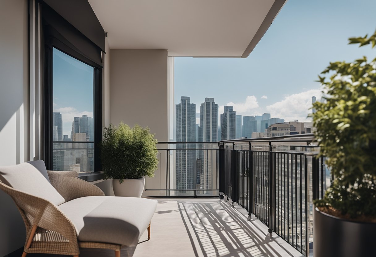 A modern balcony with a sleek awning, set against a backdrop of urban cityscape
