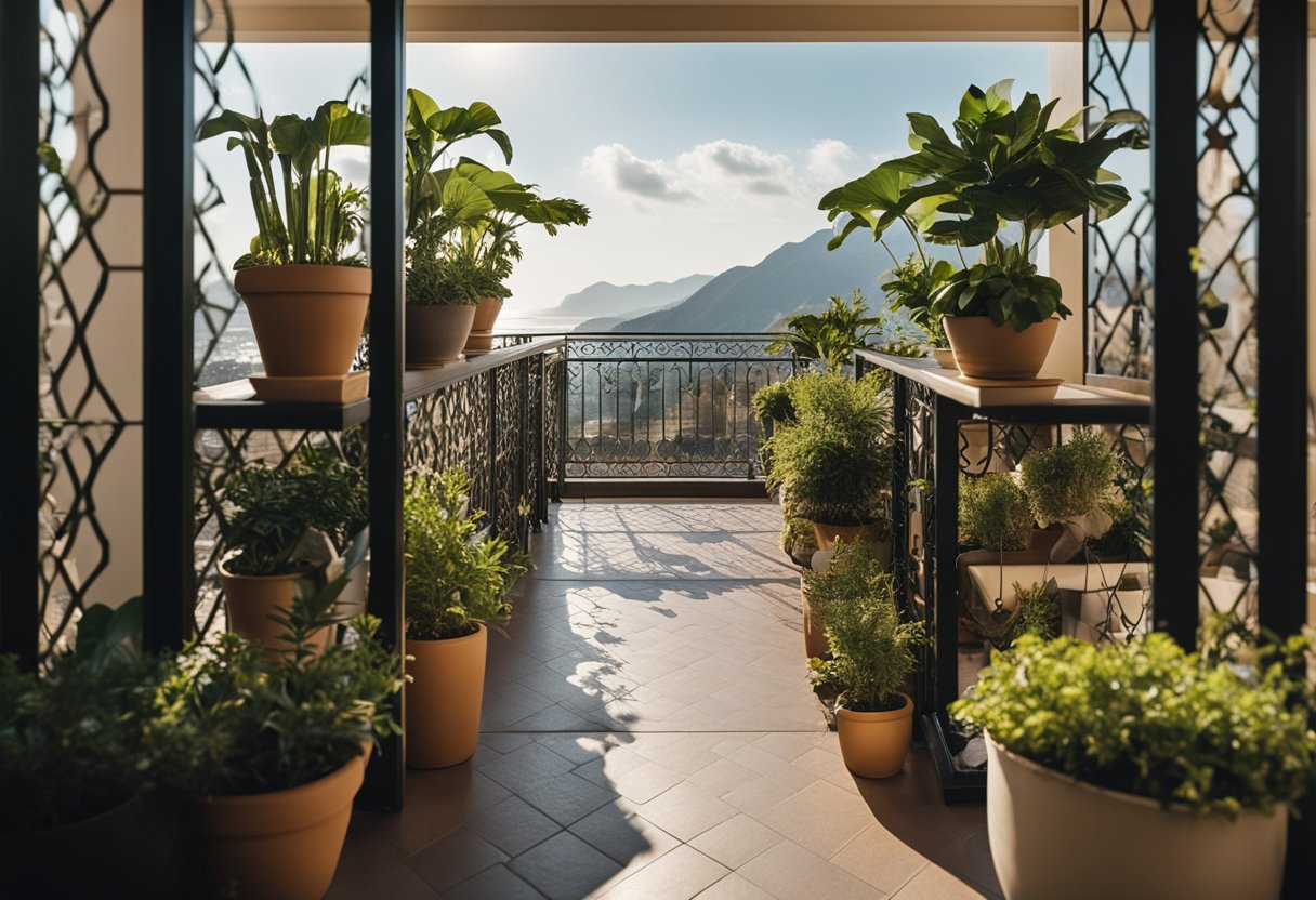 A long balcony stretches across the building, adorned with intricate railings and potted plants, overlooking a scenic view