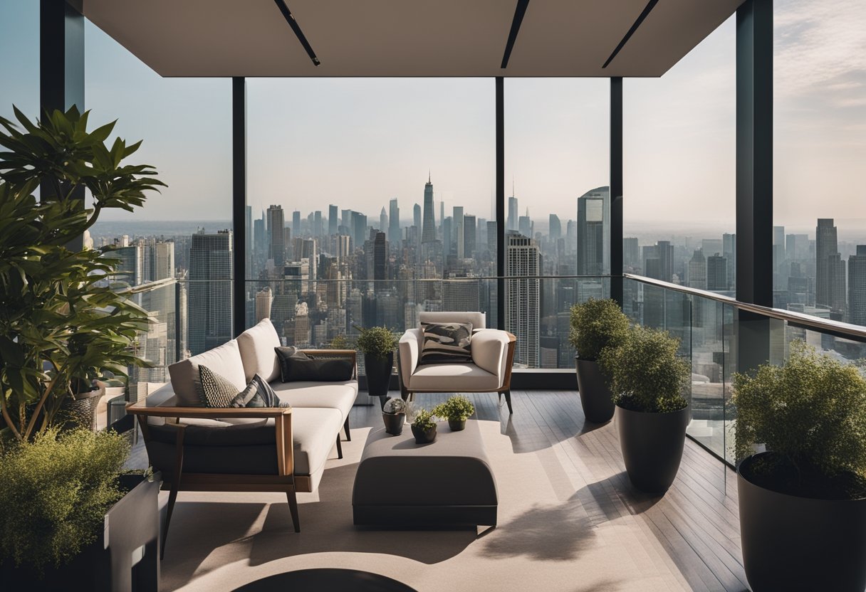 A spacious, modern balcony with sleek furniture, potted plants, and a panoramic view of the city skyline
