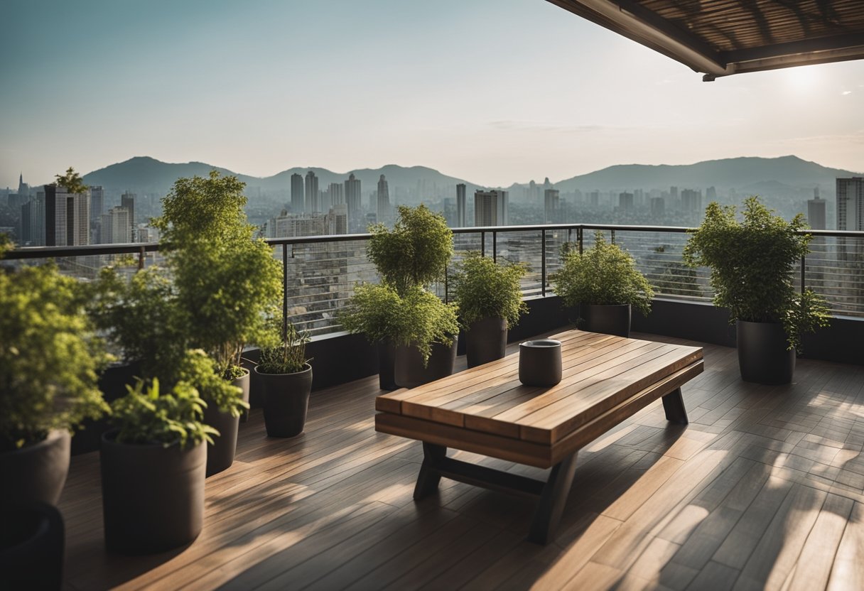 A long balcony with functional furniture and green plants, overlooking a cityscape or natural scenery
