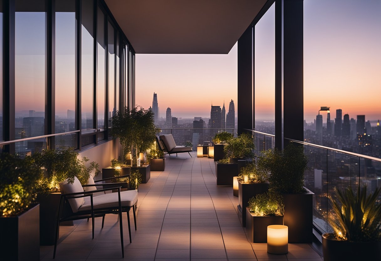 A long, sleek balcony with modern design, lined with potted plants and minimalist furniture, overlooking a city skyline at dusk
