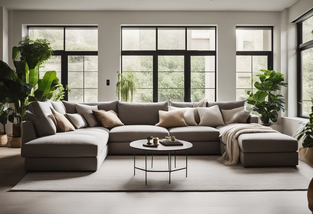 A cozy living room with a large, plush sofa, a modern coffee table, and a stylish area rug. The room is filled with natural light from the large windows, and there are potted plants and artwork on the walls
