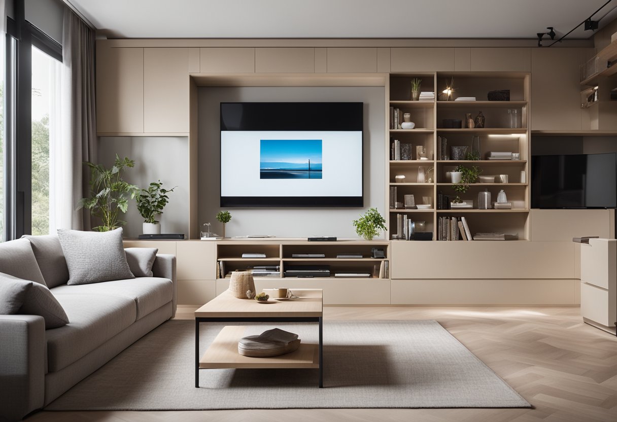 A cozy living room with clever storage solutions, a fold-out sofa bed, and a wall-mounted TV. The space is bright and airy, with a neutral color palette and plenty of natural light