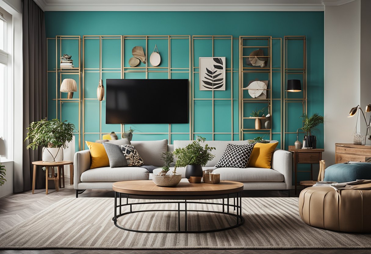 A cozy living room with vibrant color accents, modern furniture, and personalized decor. A mix of textures and patterns create a stylish and inviting atmosphere