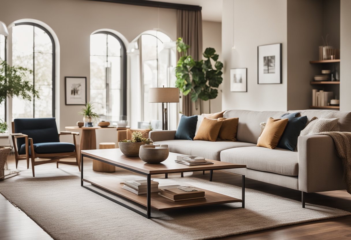 An inviting living room with modern furniture, warm color palette, and ample natural light. A cozy rug and stylish decor add character to the space