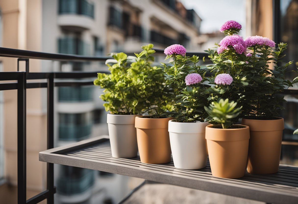 A balcony with a compact, multi-tiered flower pot stand design, maximizing small spaces with functional, stylish organization
