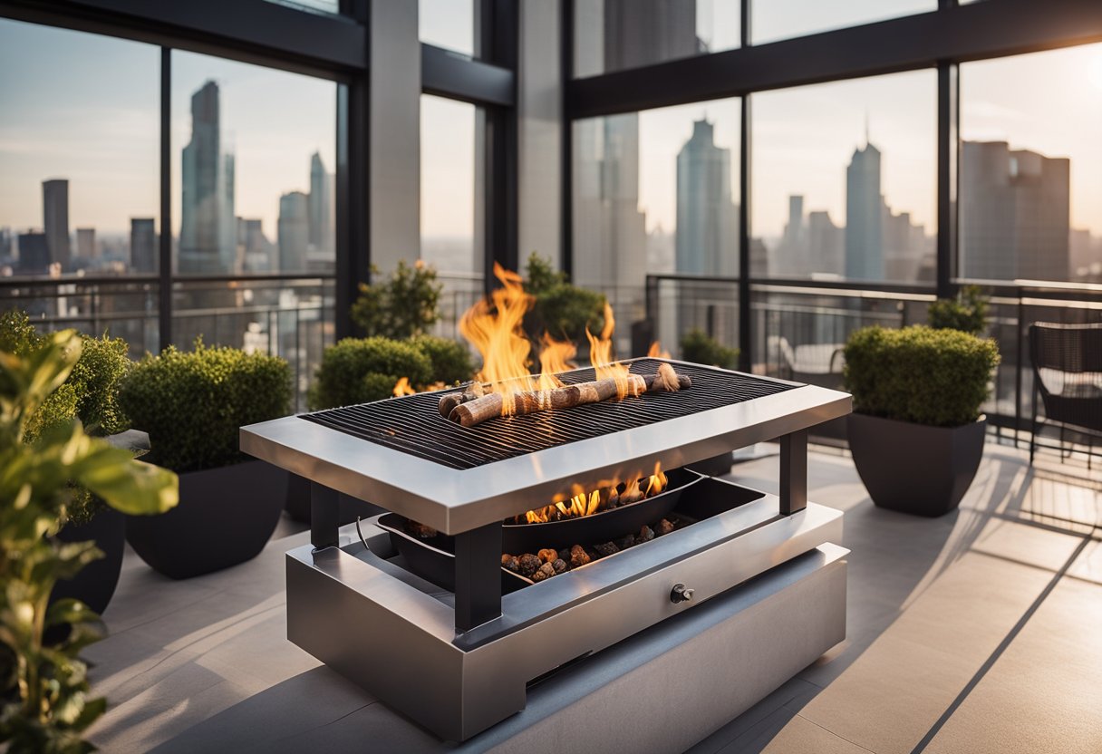 A modern kitchen balcony grill design with sleek metal bars and a built-in fire pit, surrounded by potted plants and overlooking a city skyline