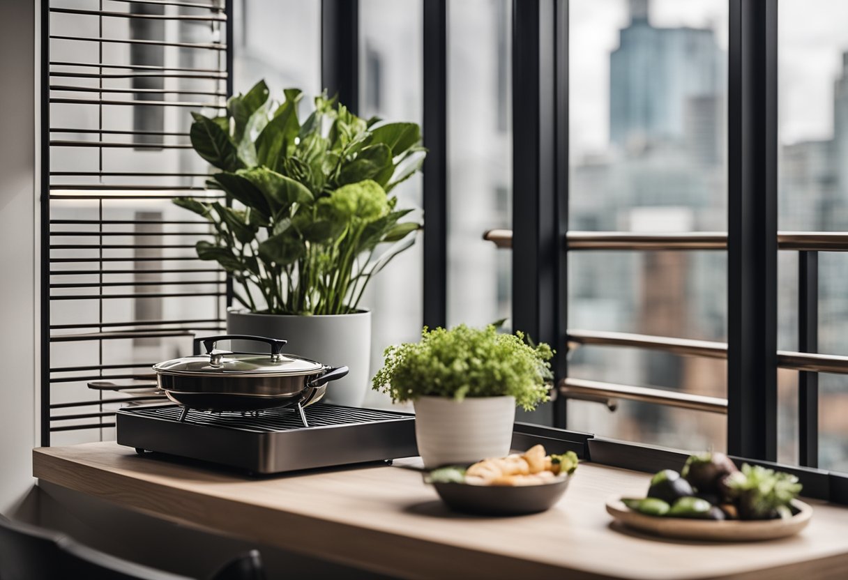 The balcony kitchen features a sleek, modern grill design with decorative accessories and plants creating a cozy and inviting atmosphere