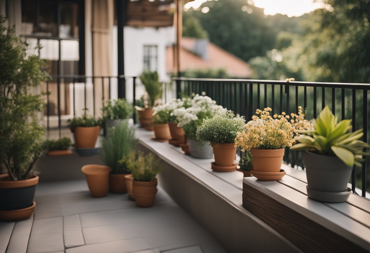 A small house balcony with a simple railing, potted plants, and cozy outdoor furniture overlooking a scenic view
