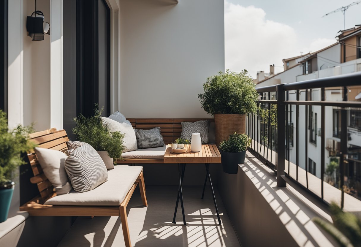 A small balcony with space-saving furniture, potted plants, and hanging lights. A cozy seating area with a small table for enjoying the outdoors