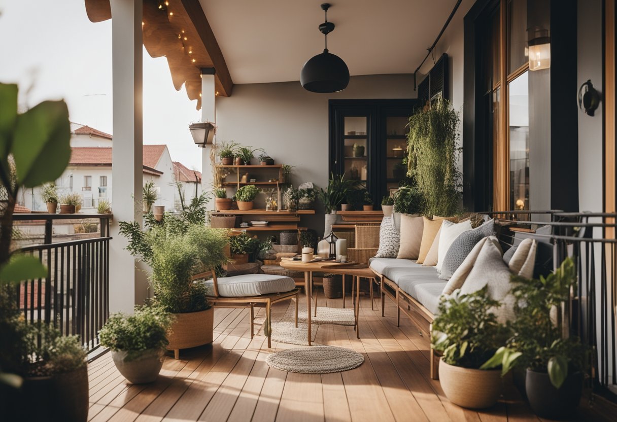 A small house balcony with cozy furniture, potted plants, and soft lighting