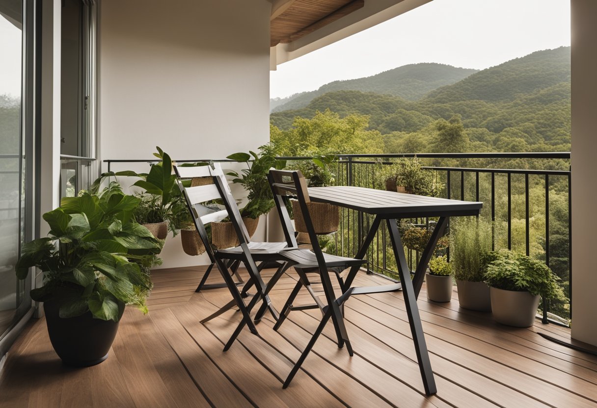 A small house balcony with cozy seating, potted plants, and a foldable table. Clear railing with a view of surrounding greenery
