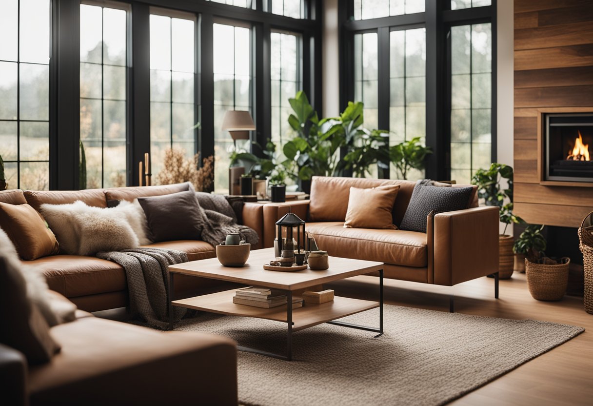 A cozy bungalow living room with a large, plush sofa, a warm fireplace, and soft, earthy tones in the decor