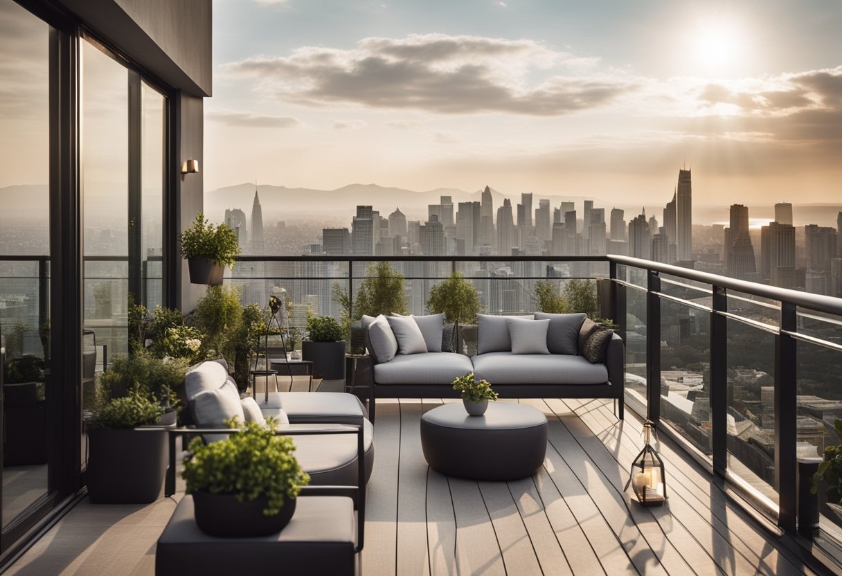 A modern balcony with sleek glass railings, potted plants, and cozy outdoor furniture overlooking a city skyline