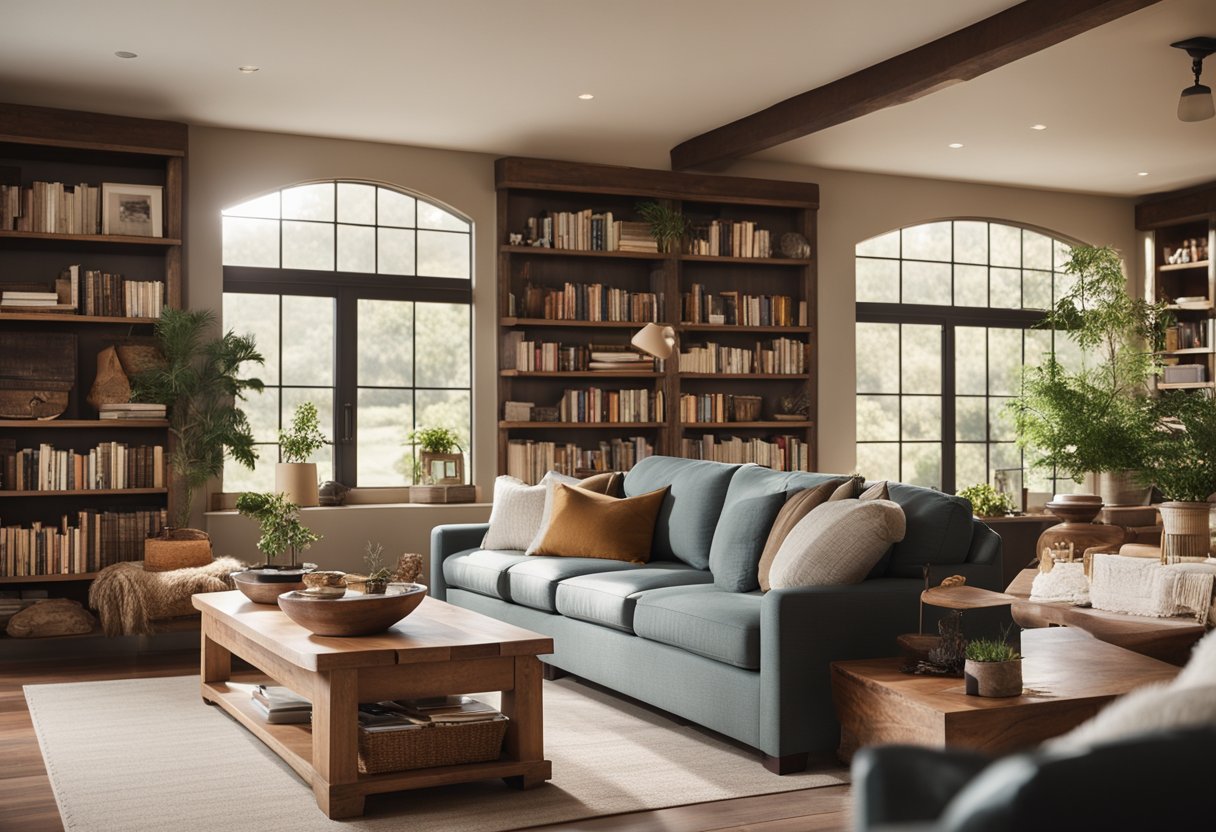 A cozy bungalow living room with earthy tones, a large, comfortable sofa, a rustic coffee table, and a fireplace surrounded by bookshelves. Natural light streams in through the large windows, highlighting the warm and inviting space