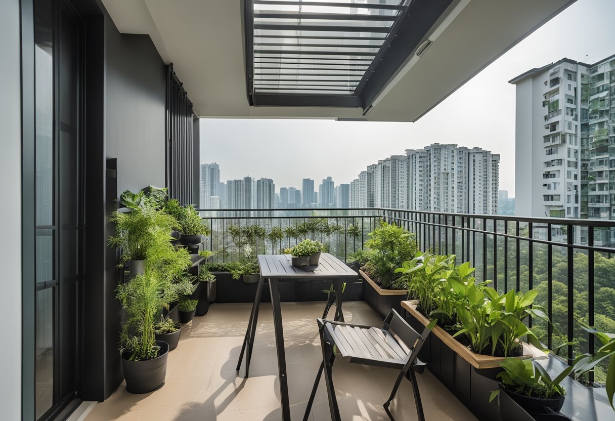 A small HDB balcony with clever space-saving design, featuring foldable furniture and vertical gardening