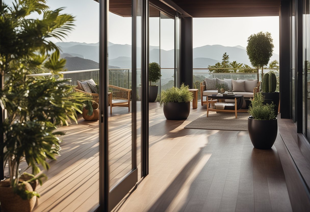 A modern house front balcony, with sleek wooden furniture and potted plants, overlooks a scenic view