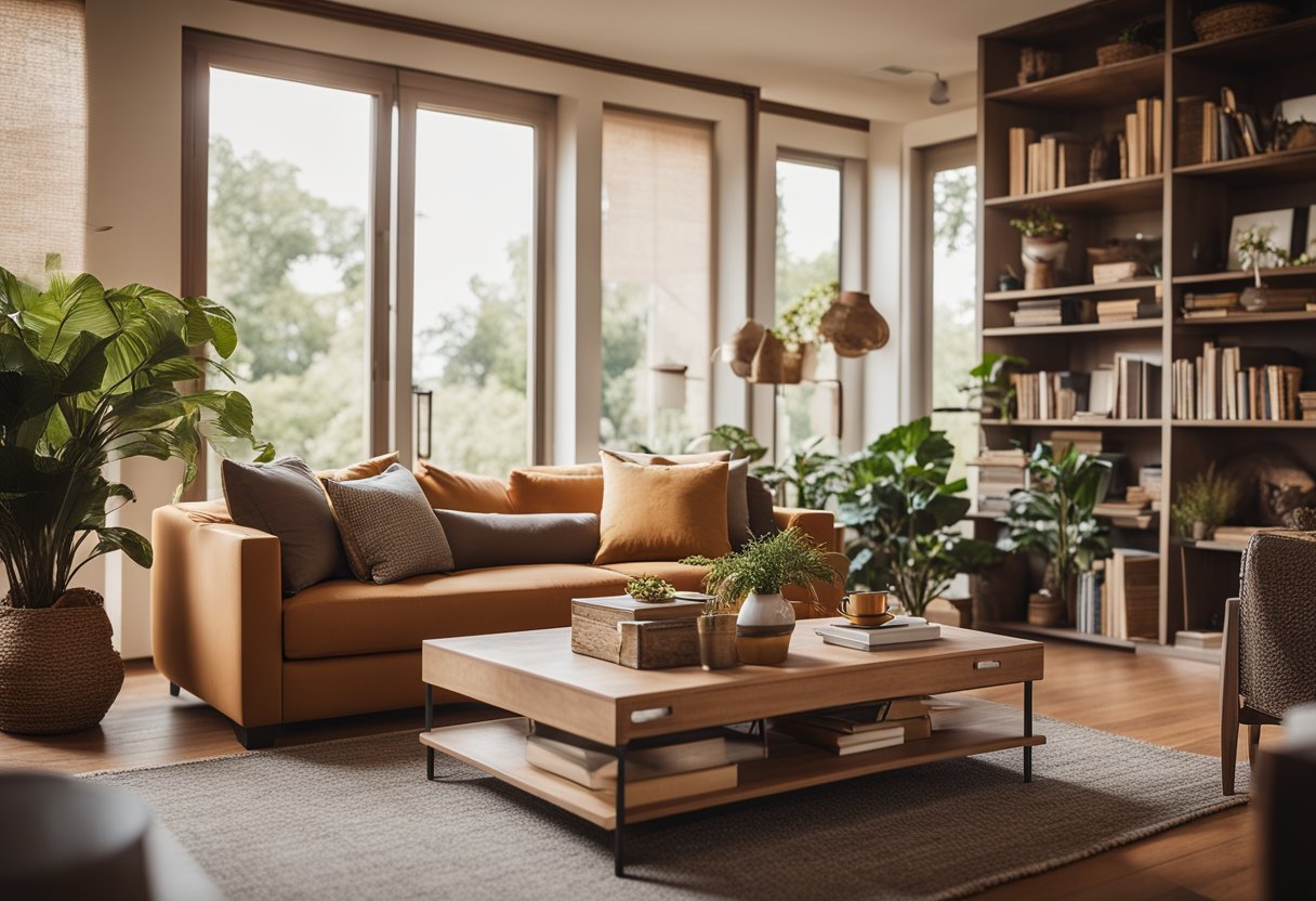 A cozy bungalow living room with a large, comfortable sofa, a coffee table with a stack of books, and a warm, inviting color scheme