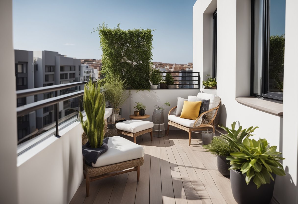 A modern balcony with sleek design, featuring comfortable seating and potted plants. The space is well-lit and offers a view of the surrounding neighborhood