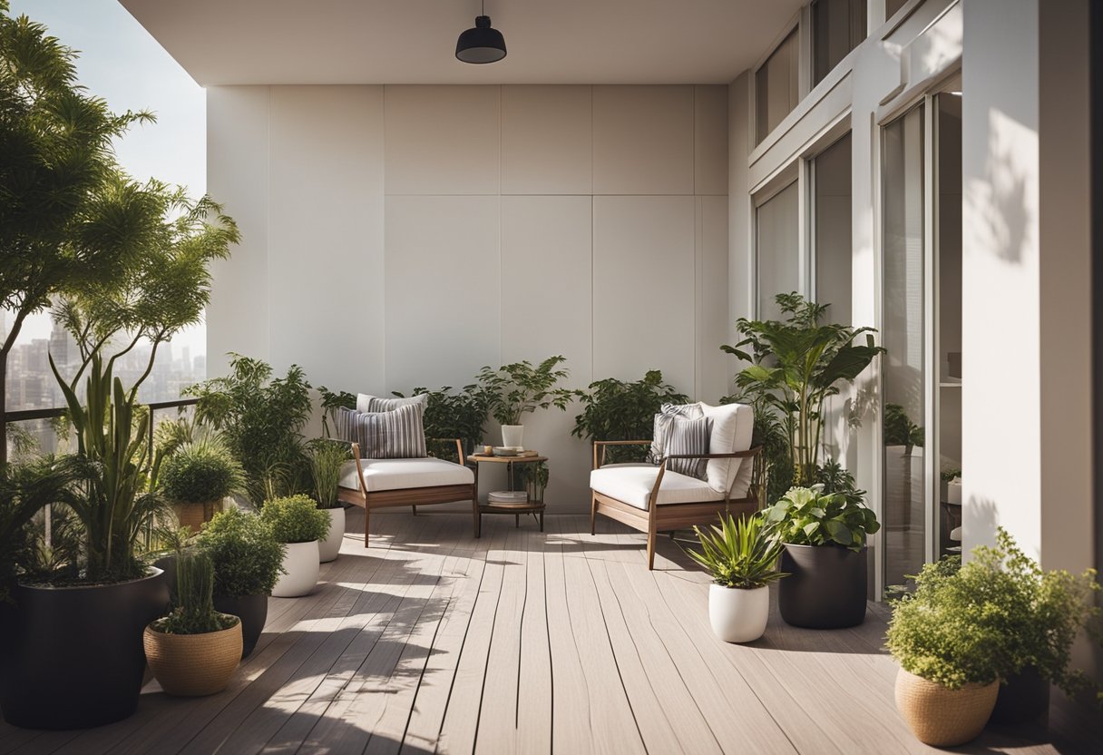 A spacious front balcony with modern furniture and lush plants, overlooking a serene neighborhood