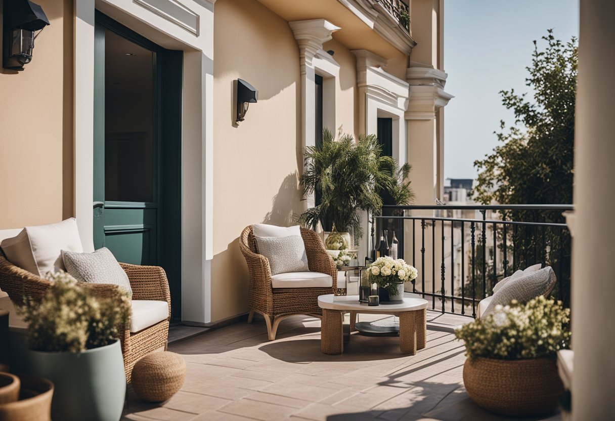 A front balcony adorned with stylish furniture and decorative accessories, creating a cozy and inviting outdoor space