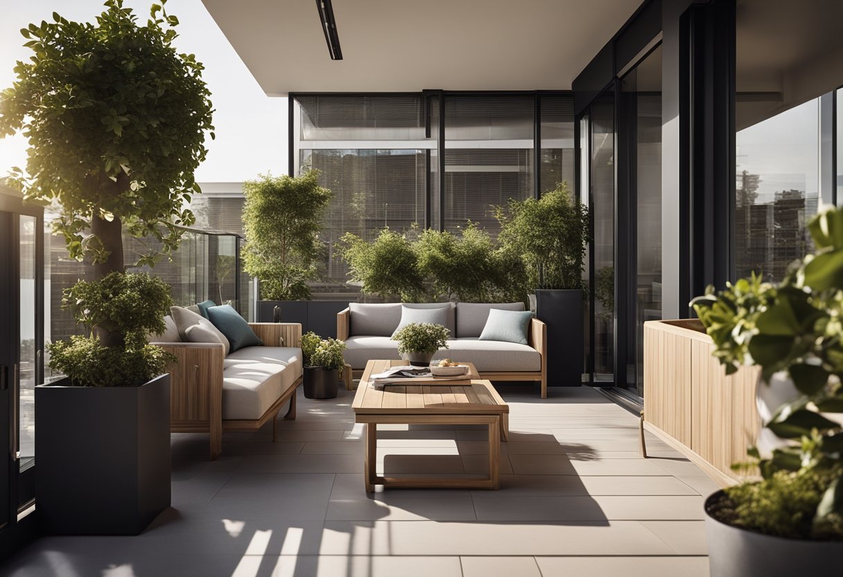 A modern, furnished balcony with a sleek design and comfortable seating. The space is adorned with potted plants and stylish lighting fixtures