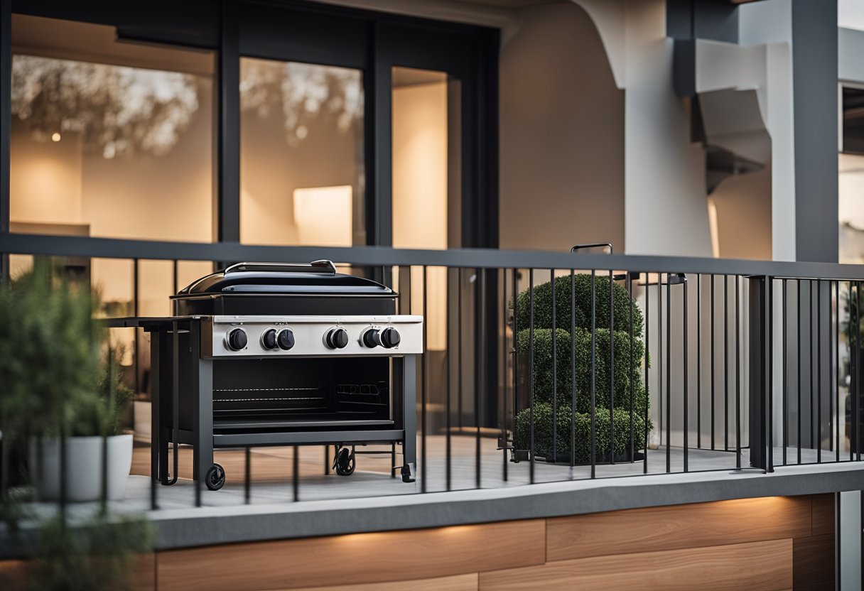 A sleek, modern balcony grill design adds elegance to the house, with clean lines and a spacious cooking area
