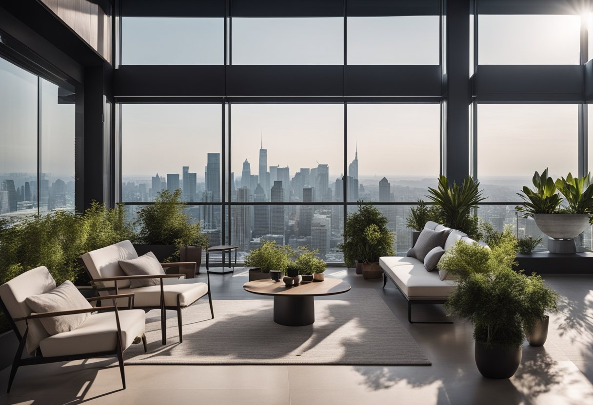 A spacious balcony with modern design, featuring sleek furniture, potted plants, and a panoramic view of the city skyline