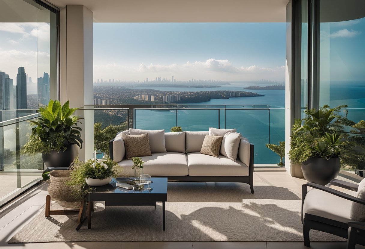 A spacious balcony with modern furniture and lush greenery, overlooking city skyline and ocean view