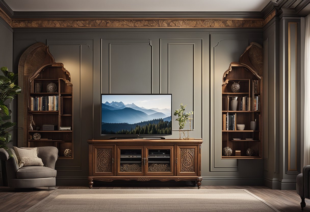 A traditional TV cabinet sits against a wall in a cozy living room, with elegant woodwork, glass doors, and ornate hardware