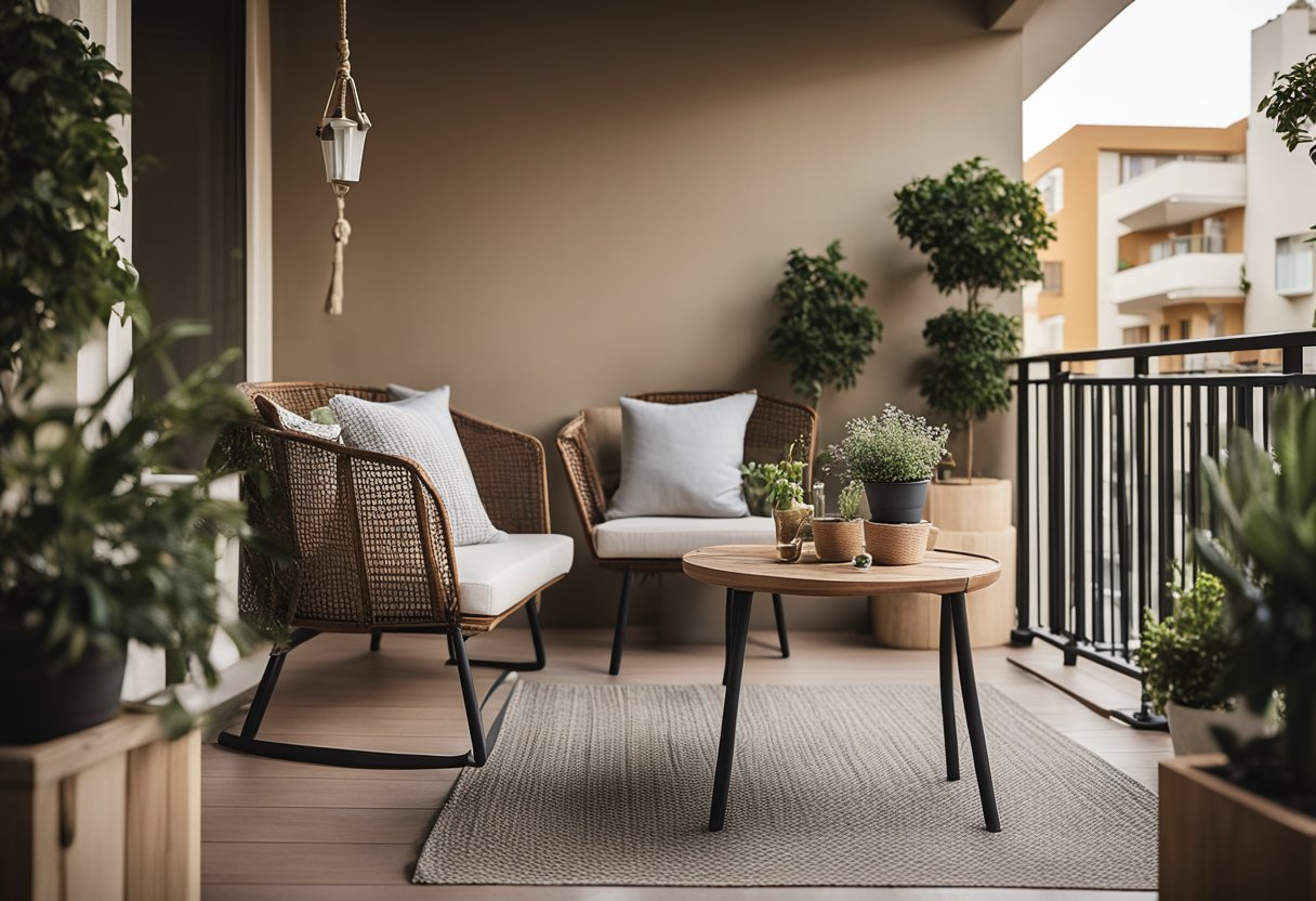 A spacious balcony with stylish furniture, potted plants, and cozy lighting. A small bistro table with chairs, a hanging swing, and decorative cushions complete the look