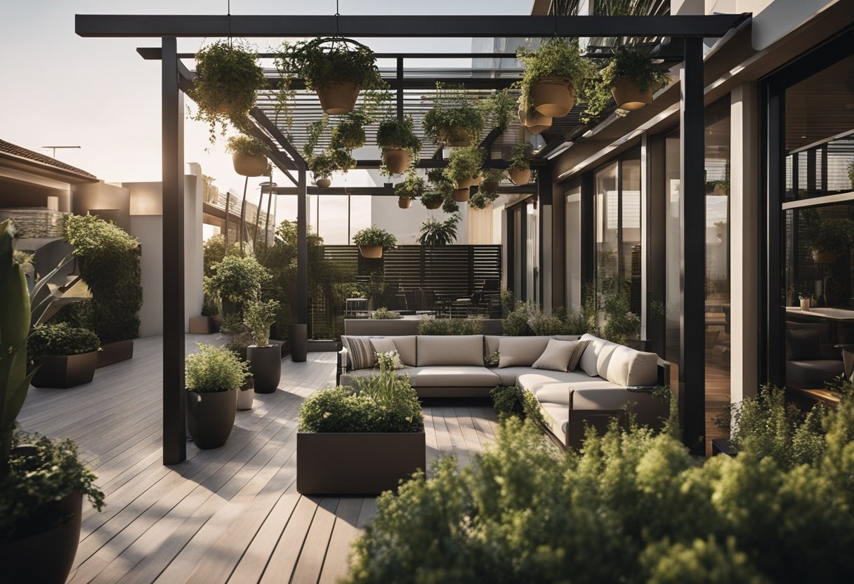 A spacious balcony with modern design, featuring a pergola, comfortable seating, and potted plants