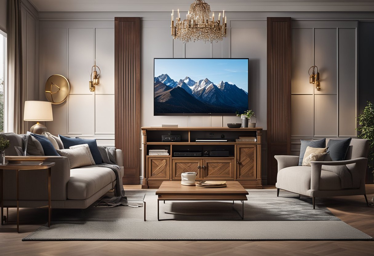 A cozy living room with a classic TV cabinet as the focal point, featuring elegant woodwork, intricate details, and ample storage space