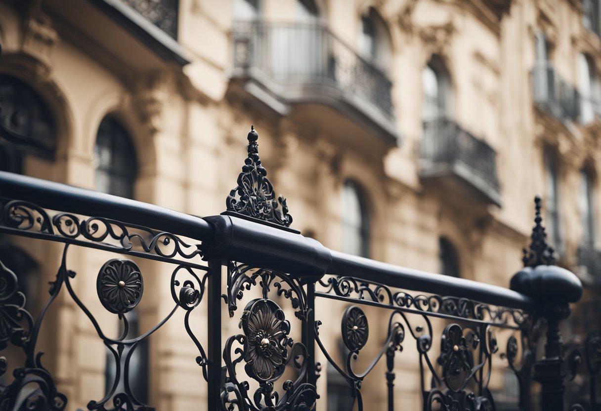 A wrought iron balcony with intricate scrollwork and floral motifs overlooks a bustling city street. The design is elegant and detailed, with delicate curves and ornate patterns