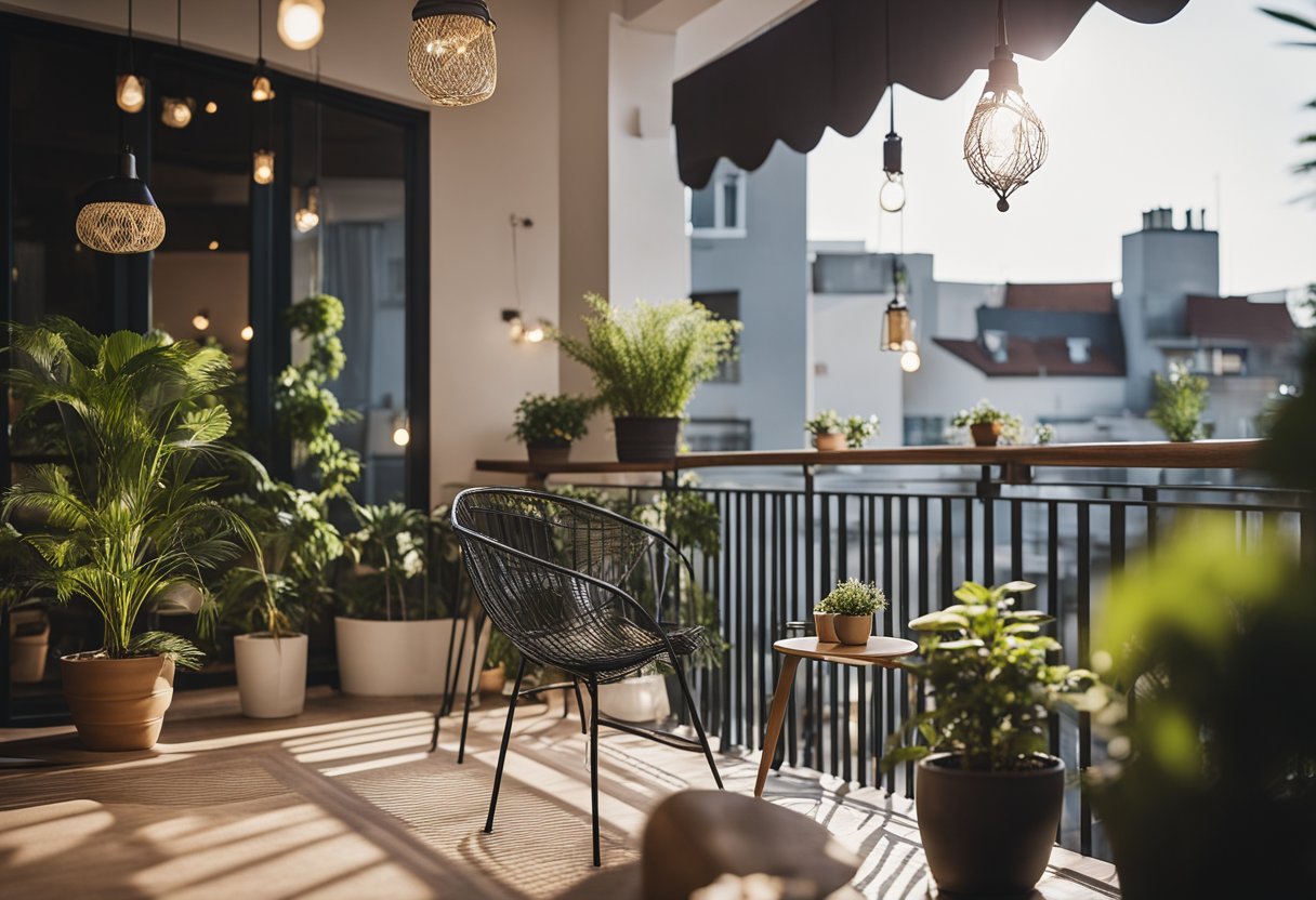 A cozy balcony with a sleek, modern design. A small table and chairs sit against the railing, surrounded by potted plants and hanging lights